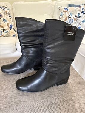 Genuine Leather Black Mid-Calf Slouch Boots